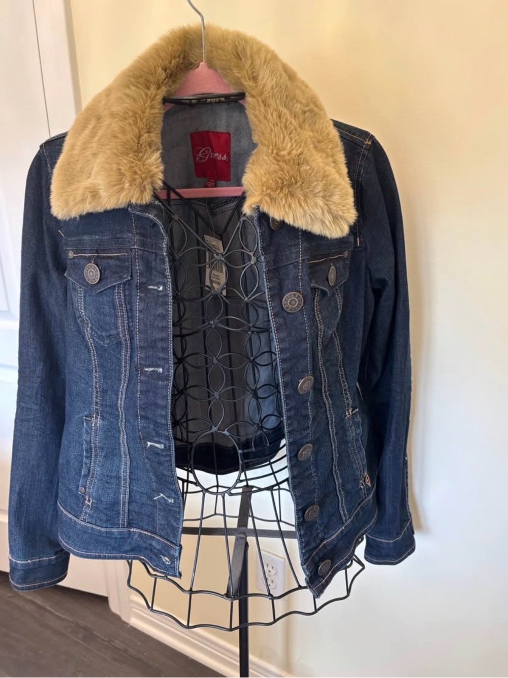Guess Dark Blue Denim Jacket with Tan Faux Fur Collar